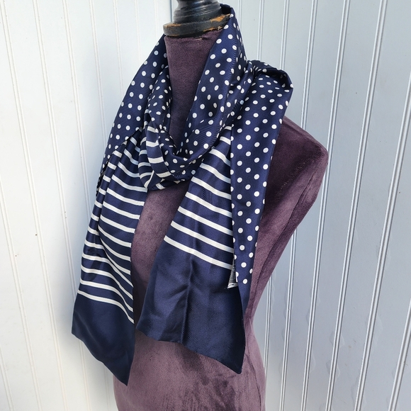 Net A Porter J. Crew 100% Silk Navy Blue White Scarf Made In Italy 9"×66" - Picture 2 of 12
